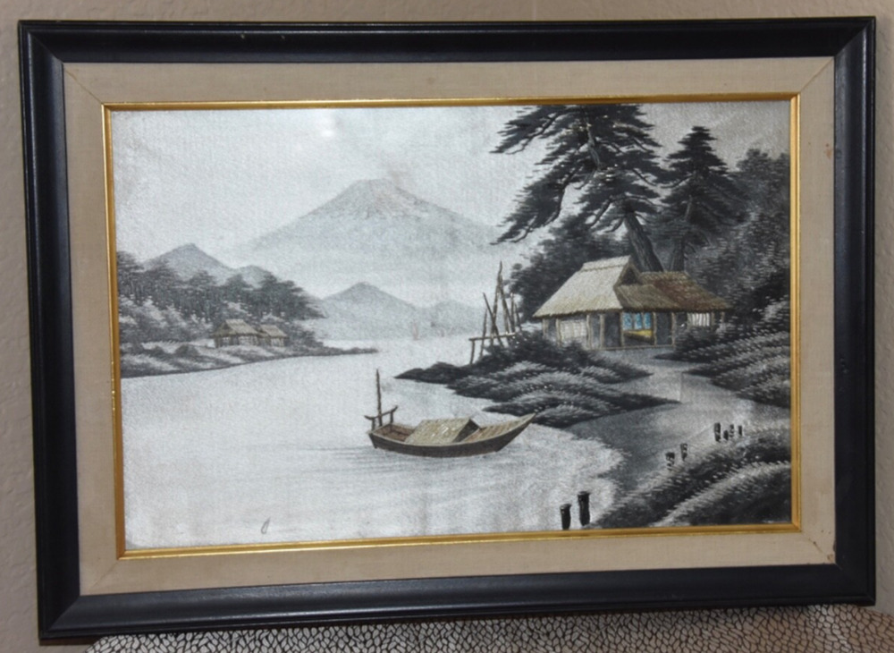 Japanese Landscape Mount Fuji Hand Stitched Silk Embroidery Framed Art